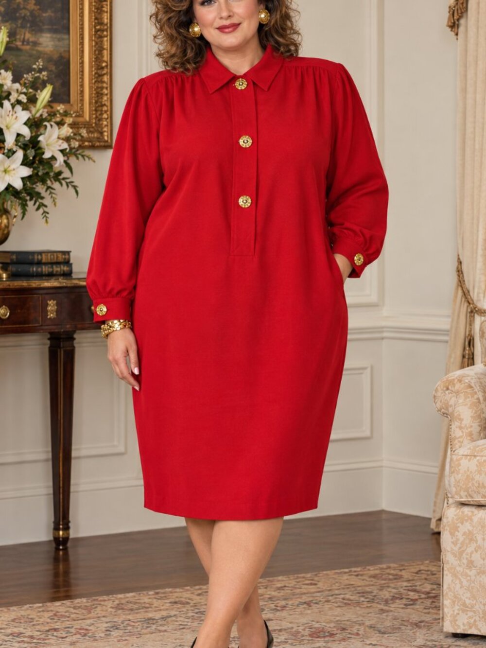 VTG Joseph Ribkoff Women Dress Red Holiday Long Sleeve Button Up Union Label 18